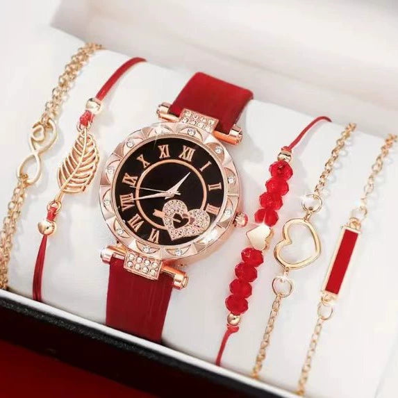 Women's Alloy Case And Strap Diamond Dial Quartz Watch Beaded Bracelet Set Round Dial Fashionable