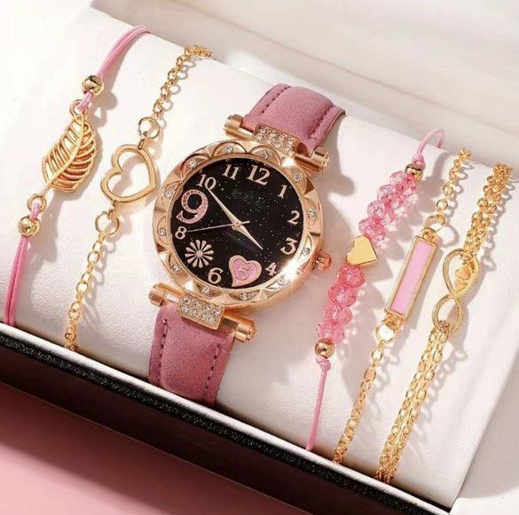 Women's Alloy Case And Strap Diamond Dial Quartz Watch Beaded Bracelet Set Round Dial Fashionable