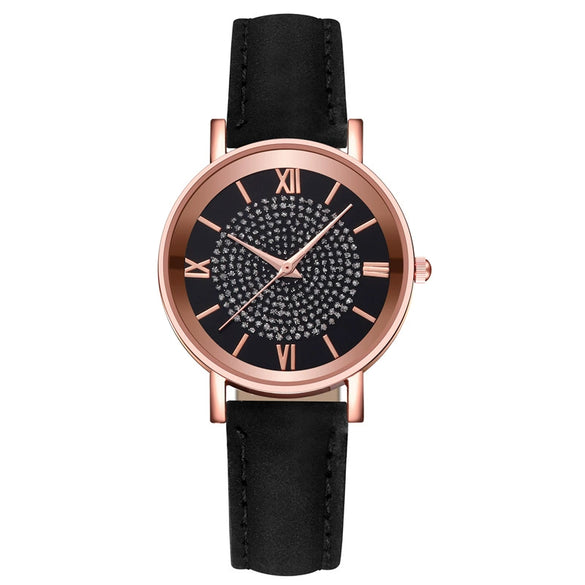 Women's Alloy Case Imitation Leather Strap Quartz Starry Rhinestone Round Dial Casual Watch