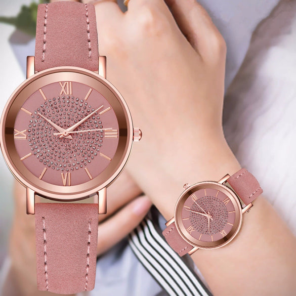 Women's Alloy Case Imitation Leather Strap Quartz Starry Rhinestone Round Dial Casual Watch