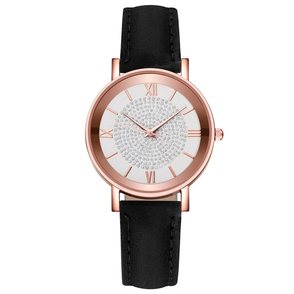 Women's Alloy Case Imitation Leather Strap Quartz Starry Rhinestone Round Dial Casual Watch