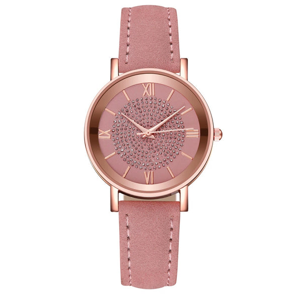 Women's Alloy Case Imitation Leather Strap Quartz Starry Rhinestone Round Dial Casual Watch