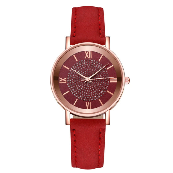 Women's Alloy Case Imitation Leather Strap Quartz Starry Rhinestone Round Dial Casual Watch