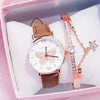 Women's Alloy Case Imitation Leather Strap Quartz Watch With Butterfly Dial And Star Bracelet Leisure Style