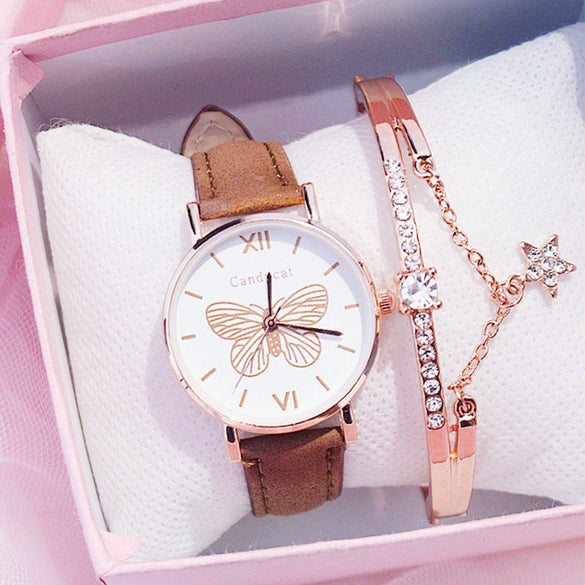 Women's Alloy Case Imitation Leather Strap Quartz Watch With Butterfly Dial And Star Bracelet Leisure Style