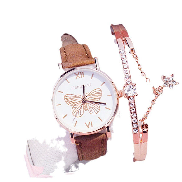 Women's Alloy Case Imitation Leather Strap Quartz Watch With Butterfly Dial And Star Bracelet Leisure Style
