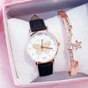 Women's Alloy Case Imitation Leather Strap Quartz Watch With Butterfly Dial And Star Bracelet Leisure Style