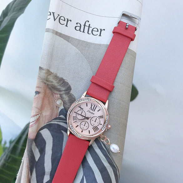 Women's Alloy Case Imitation Leather Strap Round Dial Casual Fashion Watch With Printed Logo