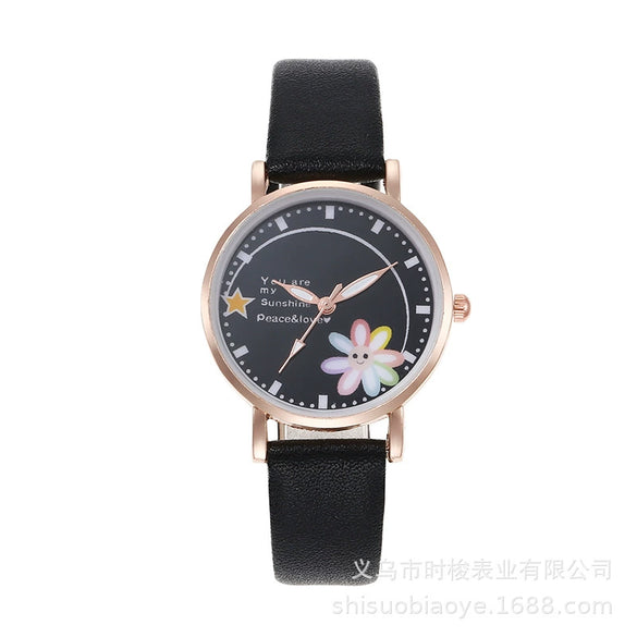 Women's Alloy Case Imitation Leather Strap Round Dial Daisy Pattern Leisure Watch