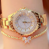 Women's Alloy Case Imitation Leather Strap Round Dial Quartz Watch With Diamond And Beaded Bracelet