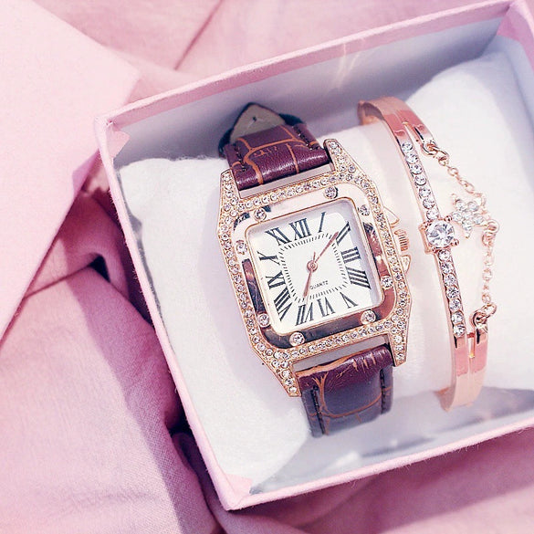 Women's Alloy Case Imitation Leather Strap Square Quartz Watch Set