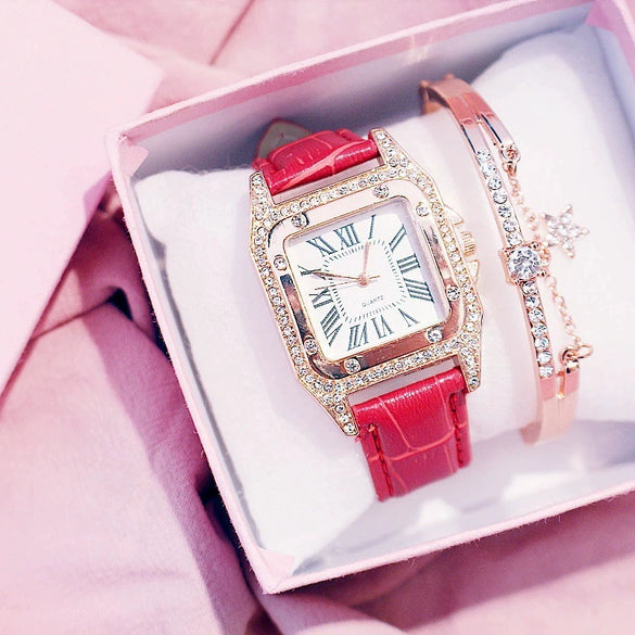 Women's Alloy Case Imitation Leather Strap Square Quartz Watch Set