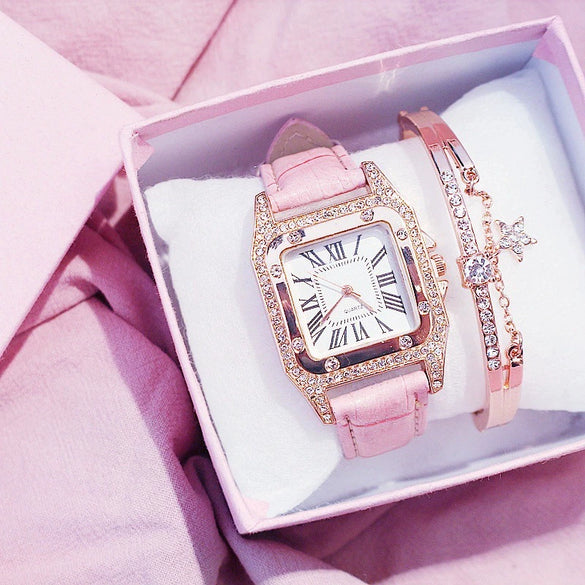 Women's Alloy Case Imitation Leather Strap Square Quartz Watch Set