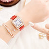 Women's Alloy Case Imitation Leather Strap Square Quartz Watch Set
