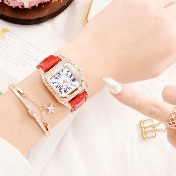 Women's Alloy Case Imitation Leather Strap Square Quartz Watch Set