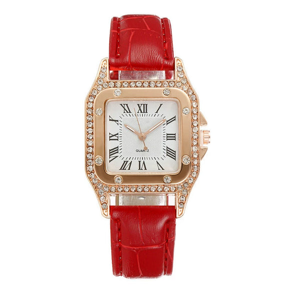 Women's Alloy Case Imitation Leather Strap Square Quartz Watch Set