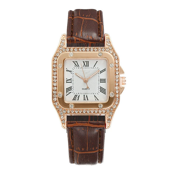 Women's Alloy Case Imitation Leather Strap Square Quartz Watch Set