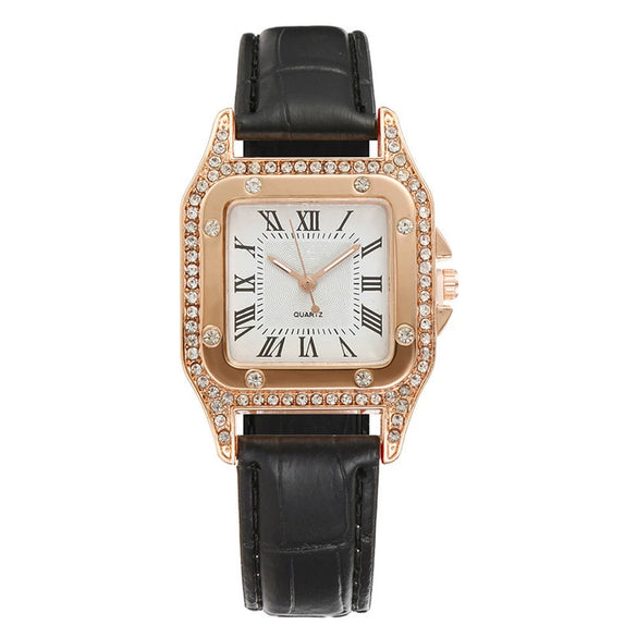 Women's Alloy Case Imitation Leather Strap Square Quartz Watch Set