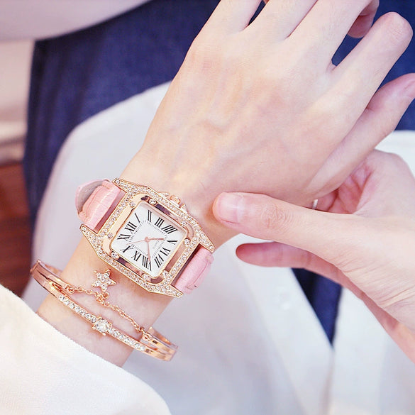 Women's Alloy Case Imitation Leather Strap Square Quartz Watch Set