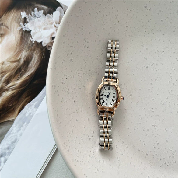 Women's Alloy Case Ordinary Glass Mirror Fashion Barrel Roman Dial Steel Band Bracelet Watch
