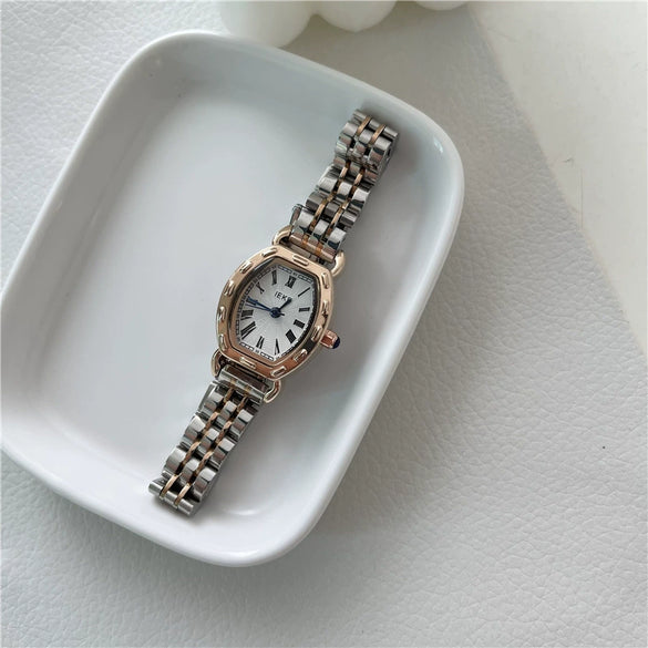 Women's Alloy Case Ordinary Glass Mirror Fashion Barrel Roman Dial Steel Band Bracelet Watch