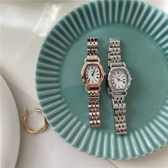Women's Alloy Case Ordinary Glass Mirror Fashion Barrel Roman Dial Steel Band Bracelet Watch