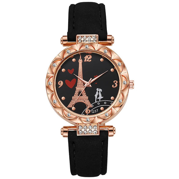 Women's Alloy Case Ordinary Glass Mirror Imitation Leather Strap Round Dial Business Style Belt Watch With Rhinestones