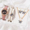Women's Alloy Case Ordinary Glass Mirror Imitation Leather Strap Round Dial Leisure Style Watch And Bracelet Necklace Suit