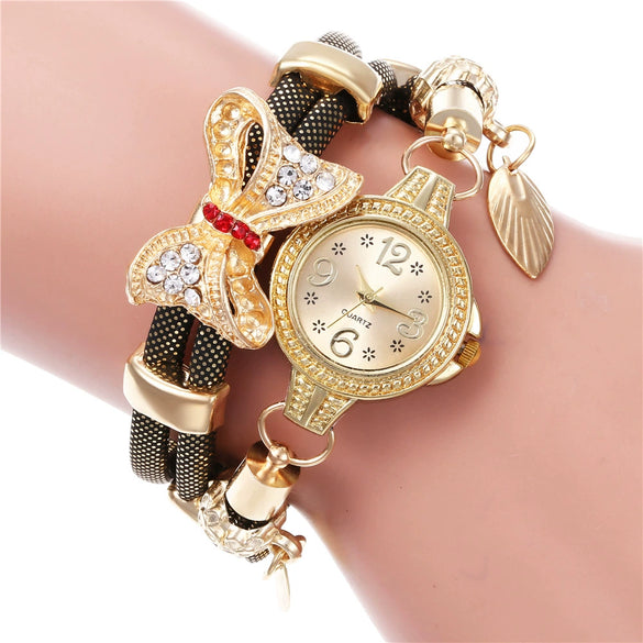 Women's Alloy Case Pu Strap Butterfly Bracelet Quartz Watch Jewelry