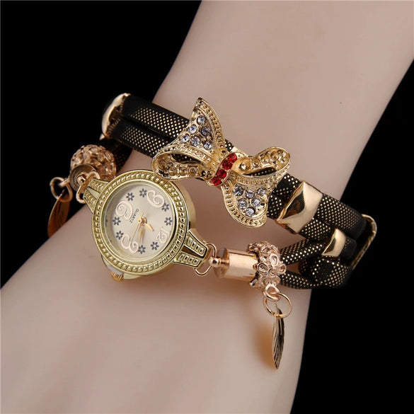 Women's Alloy Case Pu Strap Butterfly Bracelet Quartz Watch Jewelry