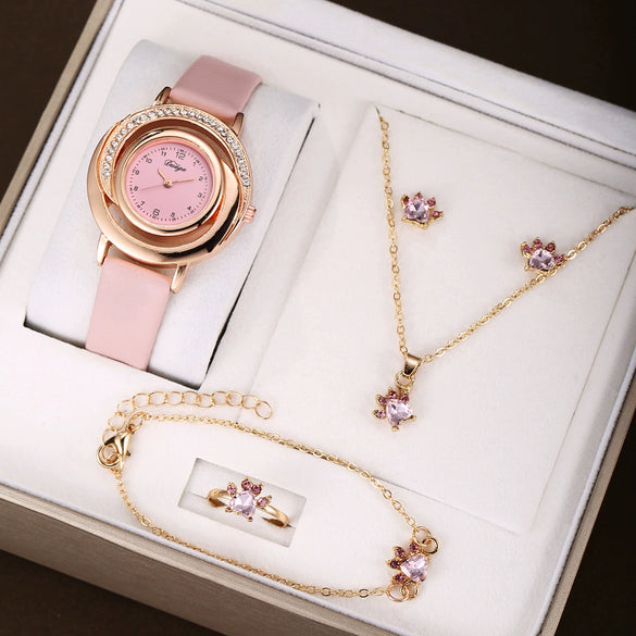 Women's Alloy Case Pu Strap Diamondencrusted Round Dial Quartz Watch