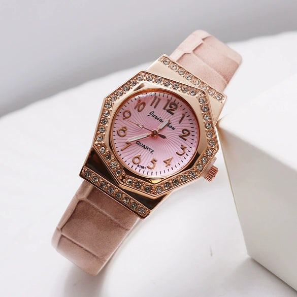 Women's Alloy Case Pu Strap Quartz Watch With Rhombus Dial And Spiral Crown In Leisure Style