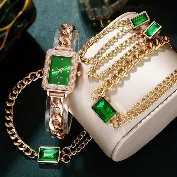 Women's Alloy Case Stainless Steel Strap Square Quartz Watch With Matching Jewelry Set Fashion Simple Elegant Leisure Style