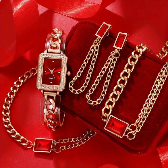 Women's Alloy Case Stainless Steel Strap Square Quartz Watch With Matching Jewelry Set Fashion Simple Elegant Leisure Style