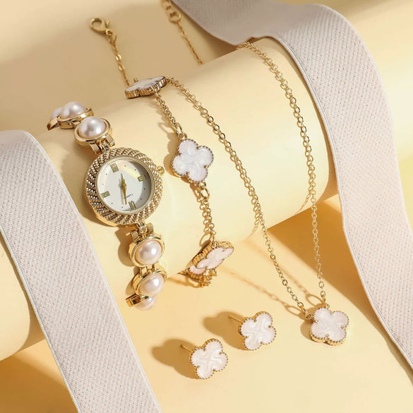 Women's Alloy Case Steel Band Imitation Leather Strap Round Dial Pearl Four Leaf Clover Simple Style Watch