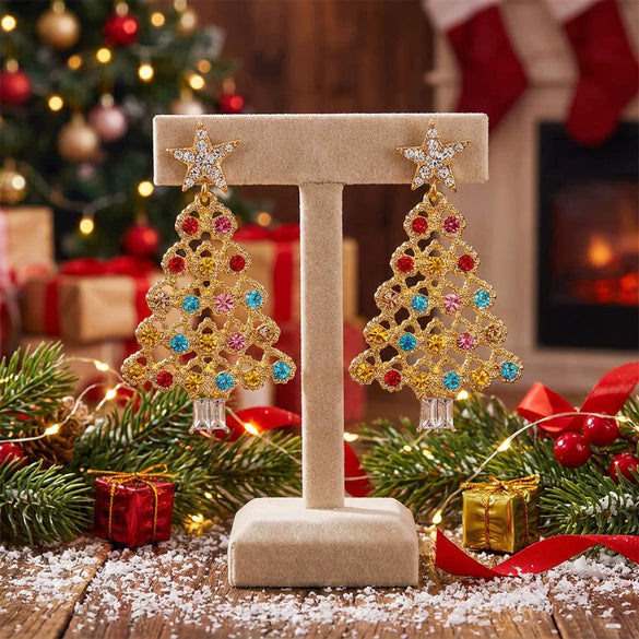 Women's Alloy Christmas Tree Drop Earrings With Colorful Diamond Accents And Electroplated Finish Stainless Steel Ear Needles