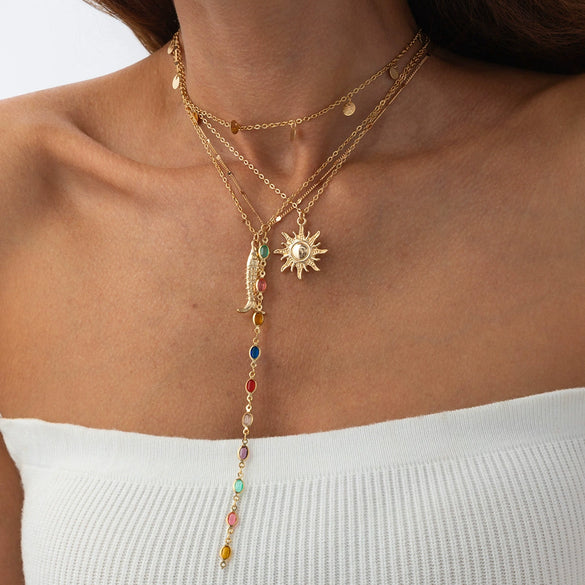 Women's Alloy Clavicle Chain With Colorful Crystal Sunflower Fish Pendant Star Geometric Animal Zodiac Pattern And Electroplating Design