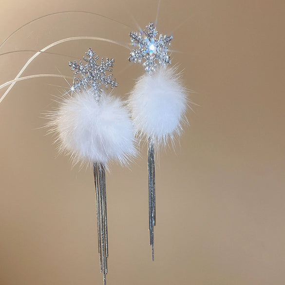 Women's Alloy Deer Snowflake Earrings With Diamond Accents And Hair Ball Details 925 Silver Ear Needles Light Luxury Animal Design