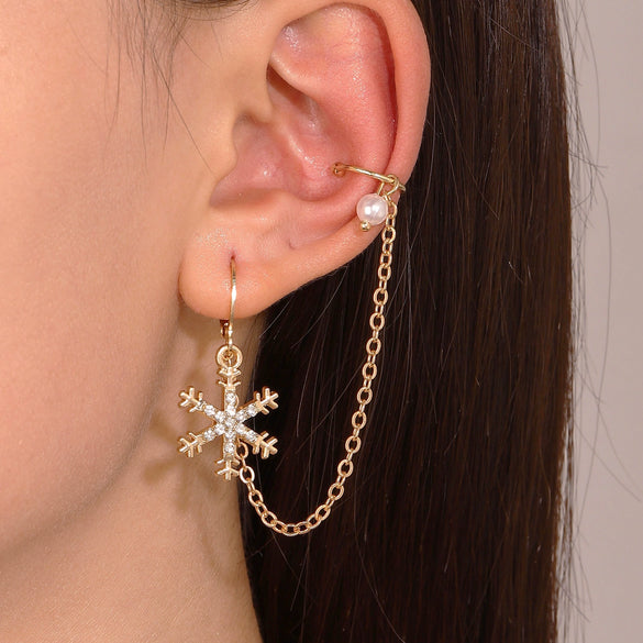 Women's Alloy Diamond Geometric Snowflake Ear Clip Long Chain Earrings Ins Style Light Luxury