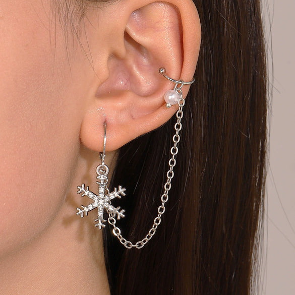 Women's Alloy Diamond Geometric Snowflake Ear Clip Long Chain Earrings Ins Style Light Luxury
