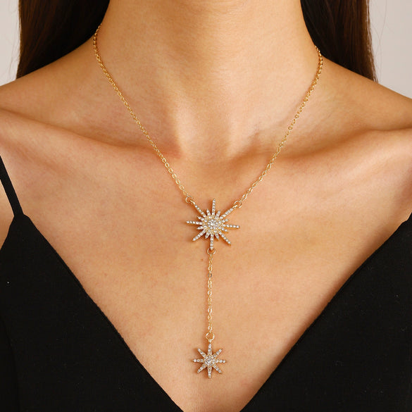 Women's Alloy Diamond Geometric Snowflake Necklace Ins Style Long Tassel Clavicle Chain
