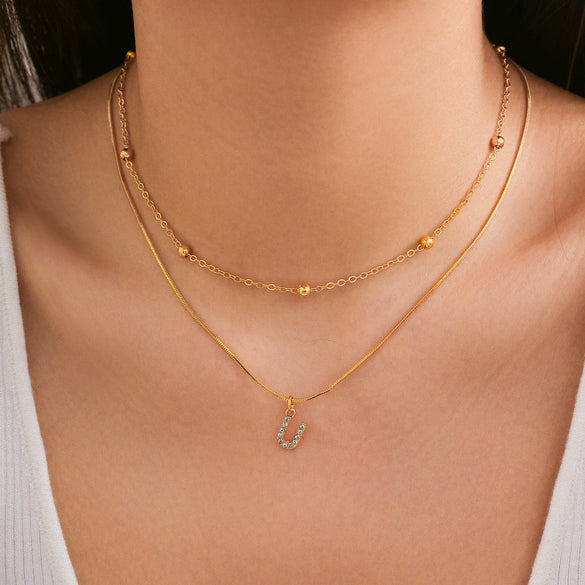 Women's Alloy Double Layer Snake Bone Necklace With Diamond And English Letter Pendant