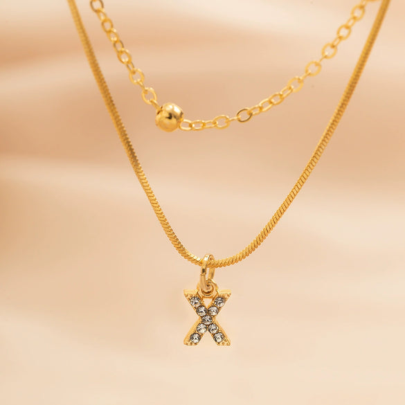 Women's Alloy Double Layer Snake Bone Necklace With Diamond And English Letter Pendant
