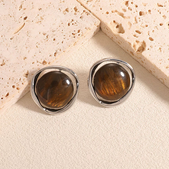 Women’s Alloy Drop Earrings With Stainless Steel Posts Tiger Eye Inspired Geometric Flower And Square Design Dripping Oil Finish Fashion Retro Style