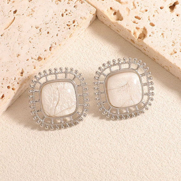 Women’s Alloy Drop Earrings With Stainless Steel Posts Tiger Eye Inspired Geometric Flower And Square Design Dripping Oil Finish Fashion Retro Style
