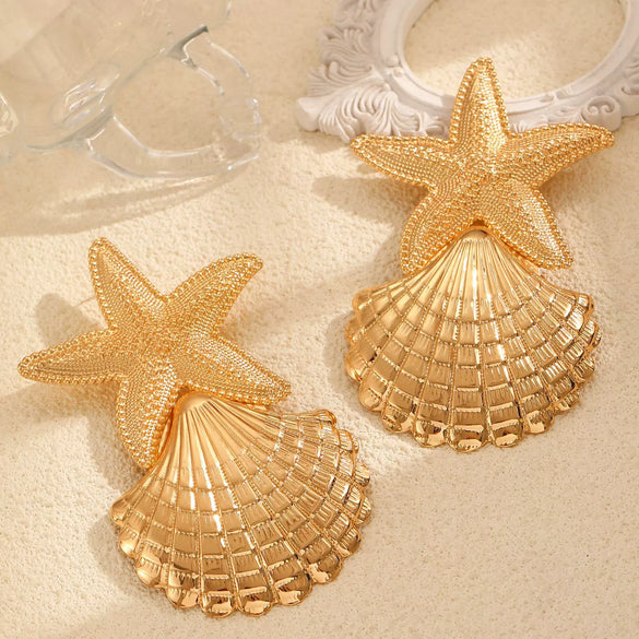 Women's Alloy Earrings With Marine Elements Starfish And Conch Animal Zodiac Style Electroplated