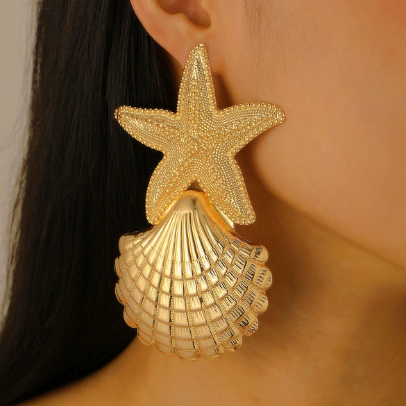 Women's Alloy Earrings With Marine Elements Starfish And Conch Animal Zodiac Style Electroplated