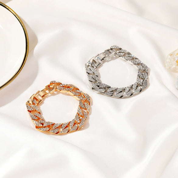 Women's Alloy Electroplated Geometric Wide Chain Bracelet With Sparkling Inlay Street Fashion Disco Style Accessory