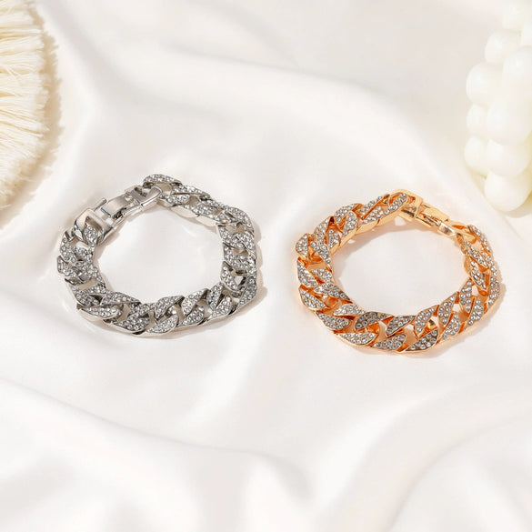 Women's Alloy Electroplated Geometric Wide Chain Bracelet With Sparkling Inlay Street Fashion Disco Style Accessory
