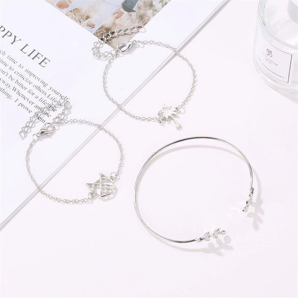 Women's Alloy Electroplated Hollow Cat Coconut Tree And Leaf Charm Bracelet Set Fashion Three Piece Bracelet